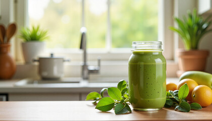 Fresh green smoothie in jar on kitchen counter, representing healthy living