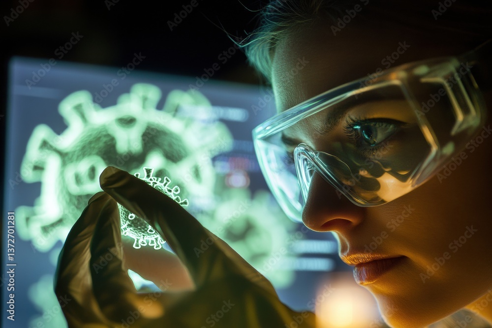 Aufkleber female scientist analyzes virus sample under bright led lights in modern laboratory with digital mol