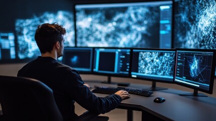 A researcher developing AI driven self evolving algorithms for deep space exploration, futuristic astrophysics computational lab with high-resolution galactic mapping, High-tech style