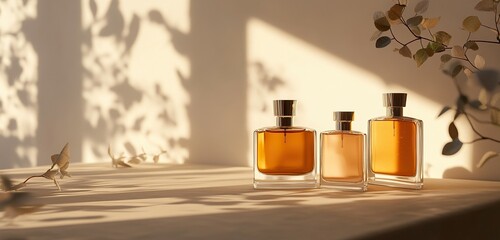 Elegant fragrance bottles in sunlight against a neutral backdrop with leaf shadows and a plant accent.