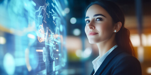 Naklejka premium 3D Businesswoman Confidently Smiling While Reviewing Financial Data for Corporate Growth