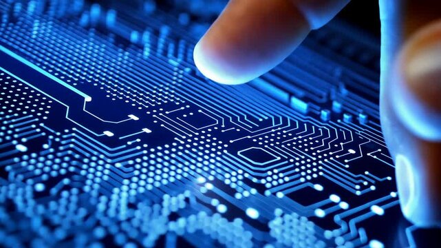 Close-up of a finger touching a glowing circuit board on a dark background showcasing modern technology in action