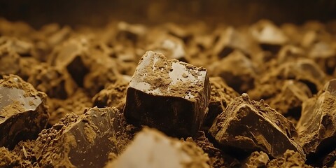 Delicious dark chocolate chunks with cocoa powder coating the surfaces