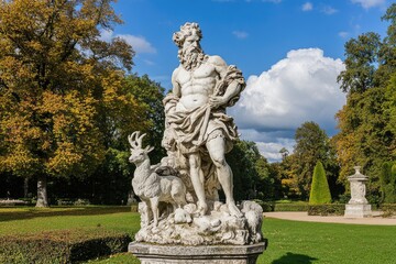 Fototapeta premium Pan, the Shepherd Deity: Sculpture Amidst the Lush Gardens of Schwetzingen Palace, Baden Wuerttemberg, Germany