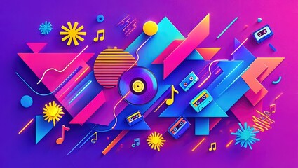 Vibrant abstract design showcasing music elements and retro patterns in vivid colors with geometric shapes and playful motifs Generative AI