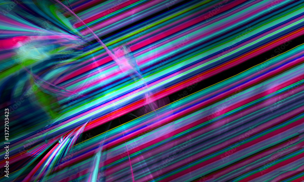 Poster rainbow striped abstract fractal background. illuminated bright parallel lines are located at an ang