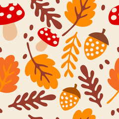 Autumn Leaves with Mushrooms and Acorns. Seamless pattern background ideal for wrapping paper, fabric, textile