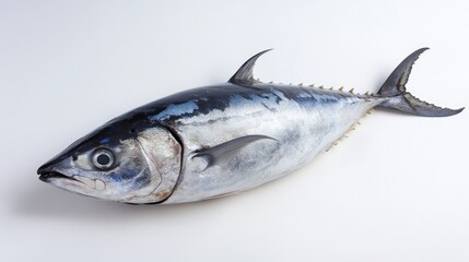 Whole Fresh Skipjack Tuna Displayed on White Background - Raw, Uncooked Fish, Ideal for Culinary Delights