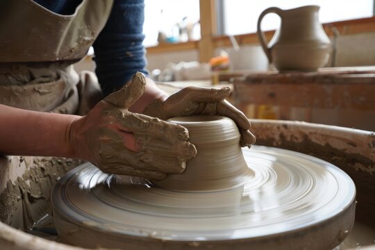 Mastering pottery techniques at a studio during a creative workshop with hands shaping clay on a spinning wheel early in the afternoon Generative AI