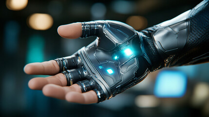 close up of cybernetic hand with glowing sensors, showcasing advanced technology and futuristic design. metallic surface and illuminated elements create high tech appearance