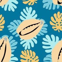 Cowrie shells and monstera leaves seamless ocean pattern