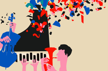 Modern music poster with abstract and minimalistic musical instruments assembled from colorful geometric forms and shapes. Vibrant musical collage with piano