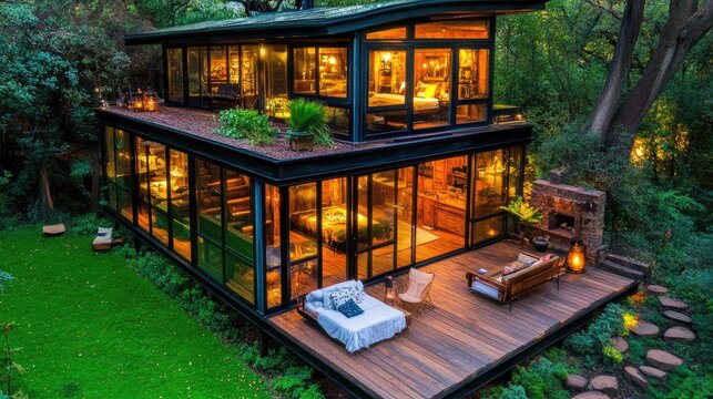Luxurious modern home enveloped by nature, with warm light glowing through the glass walls