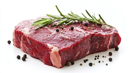 Obraz premium Raw beef steak with rosemary and black pepper isolated on white background food preparation concept