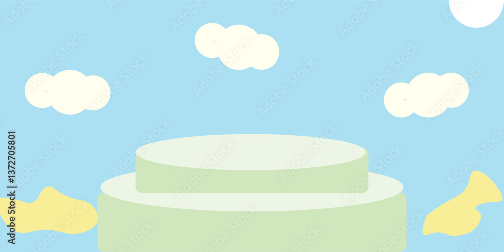 Poster 3d rendering concept of rainbow podium. product stand podium display with rainbow and clouds on back
