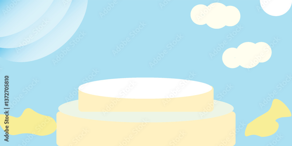 Poster 3d rendering concept of rainbow podium. product stand podium display with rainbow and clouds on back