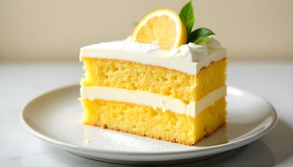 A square slice of lemon cake on a plate, featuring a base layer of golden sponge cake, topped with a layer of white cream