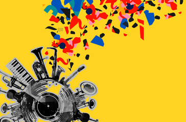 Music background with music instruments and vinyl record disc vector illustration. Music festival poster with double bell euphonium, violoncello, trumpet, piano, euphonium, sax and guitar