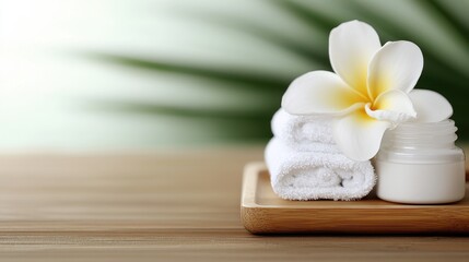 Fototapeta premium Relaxing Spa Setup with White Towels and Tropical Flower Accent