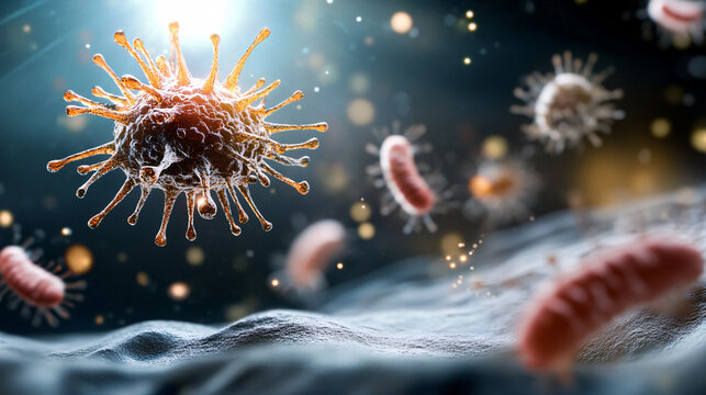 microscopic view of bacteria and viruses showcases complexity of gut microbiome, with vibrant colors and intricate details. image highlights dynamic interaction within this ecosystem