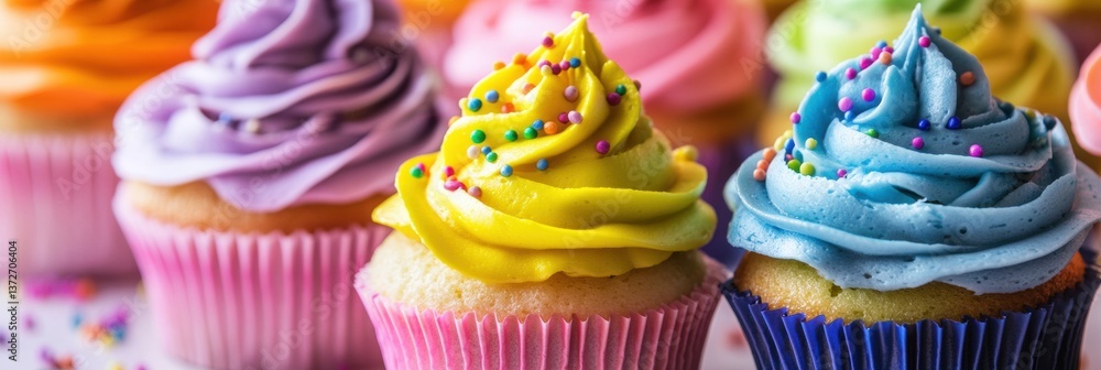 Poster delicious collection of colorful cupcakes with neon icing and sprinkles in a vibrant bakery setting