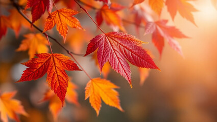 Crimson Symphony: Autumn Leaves in Golden Light.