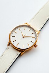 Elegant time piece with gold accents and white leather strap against clean, minimalist backdrop. Sophisticated.