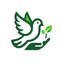 Fototapeta premium A dove with a sprout and hand, green vector, transparent background