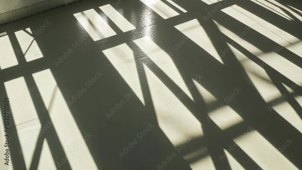 Poster shadows cast by intersecting beams create a dynamic pattern on a smooth floor during afternoon light