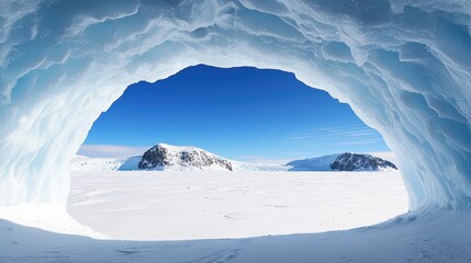 Majestic Ice Cave with Clear Blue Sky and Snowy Landscape View