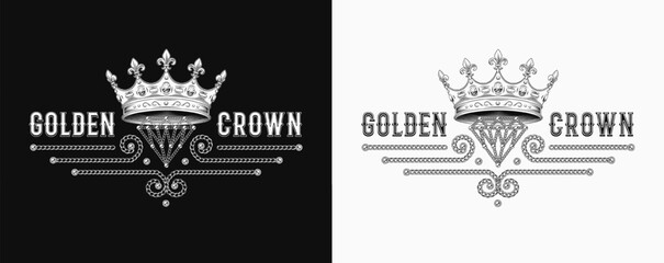 Obraz premium Horizontal black and white label with crown, fleur de lis sign, jewelry chains, text. Detailed composition in vintage style.