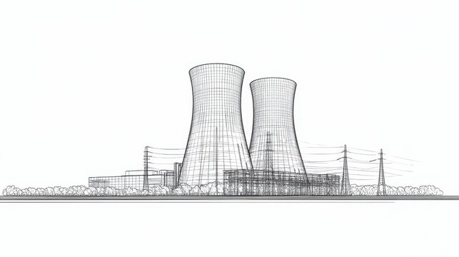 Wireframe style nuclear power plant illustration against a white background.
