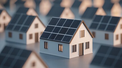 Solar Energy Home Model with Rooftop Panels on Urban Landscape