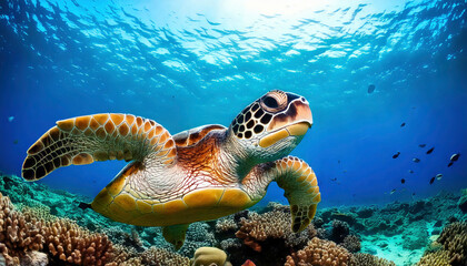 Fototapeta premium Vibrant green sea turtle glides through a sunlit coral reef
