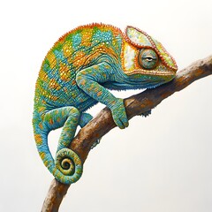 Obraz premium Colorful Chameleon Resting on a Branch with Intricate Patterns and Textures in a Natural Setting