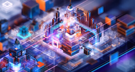 Smart city technology, 3D futuristic hub model. Urban innovation, planning, digital infrastructure, intelligent connectivity. Metropolis data-driven architecture, AI-powered buildings, network system  © Corona Borealis