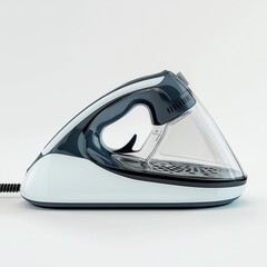 Modern steam iron with transparent water tank on white