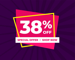 38% off, thirty eight percent, special offer, shop now. Background Label. Purple and pink. Discount special offer. Modern concept design. Vector illustration.