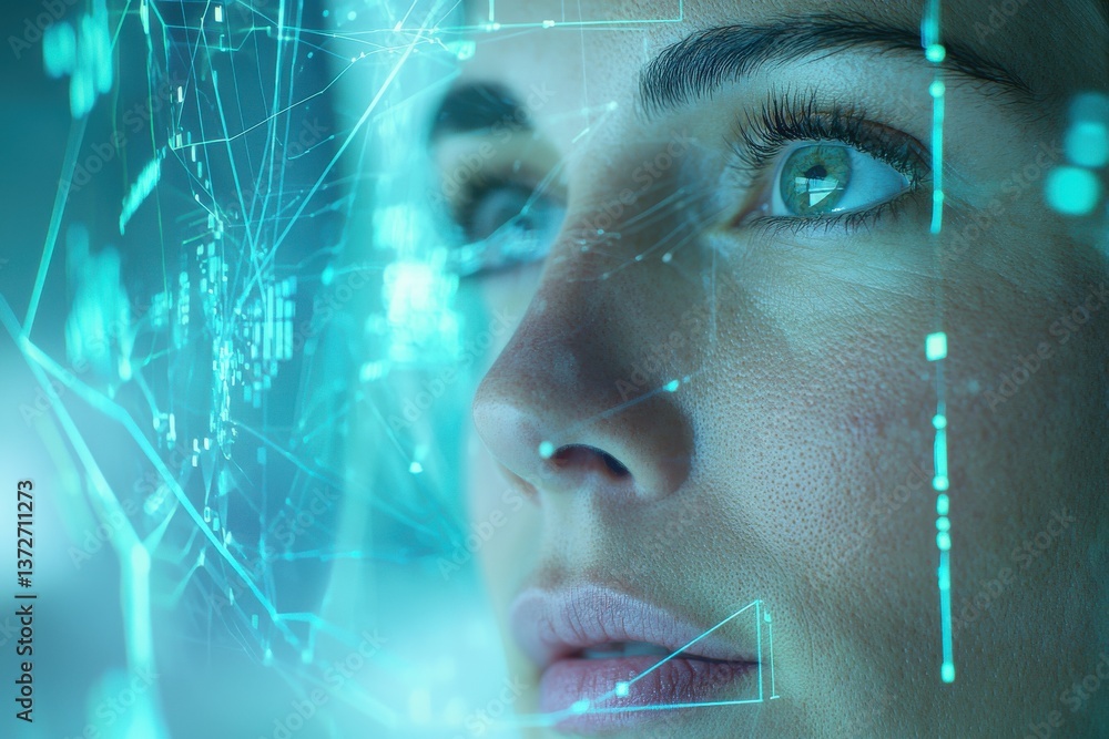 Poster a captivating close-up of a woman's face intertwined with digital network connections, symbolizing t