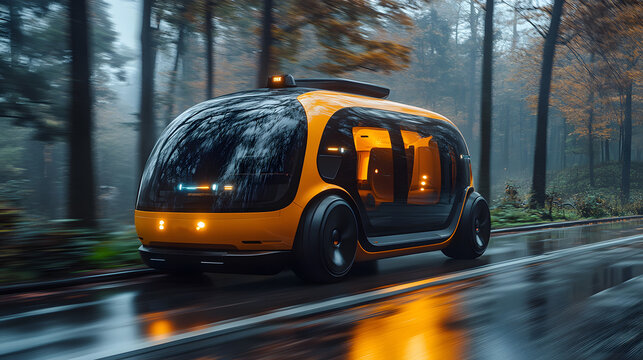 Autonomous robotaxi in motion with scenic countryside background.