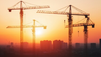 Construction Cranes Silhouetted Against a Golden Sunset Sky