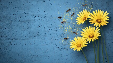Ants & Flowers on Blue Concrete