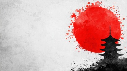 Serene Traditional Japanese Landscape with Pagoda and Sun