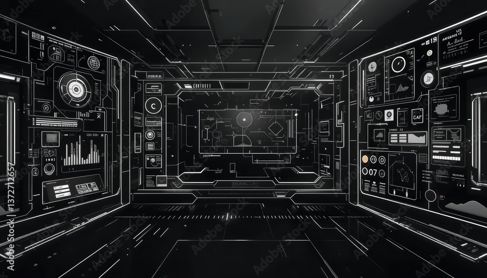 Poster exploring futuristic technology concepts in a virtual control room environment immersive digital exp