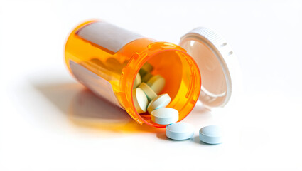 An orange prescription bottle lies on its side with several blue pills spilled out onto a white surface. Bright lighting creates a clean, clinical appearance