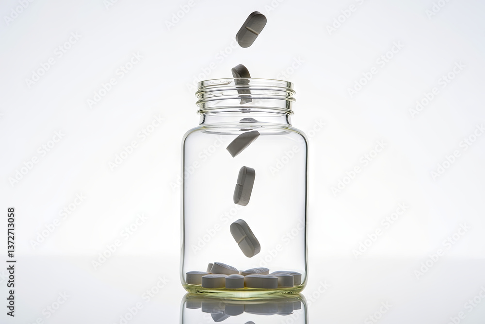 Poster white pills are cascading into a transparent jar, creating a striking visual effect against the soft
