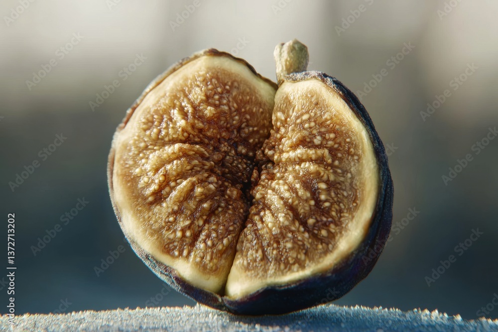 Poster an appetizing close-up of a halved fig showcasing its fleshy interior and tiny seeds, with a smooth 