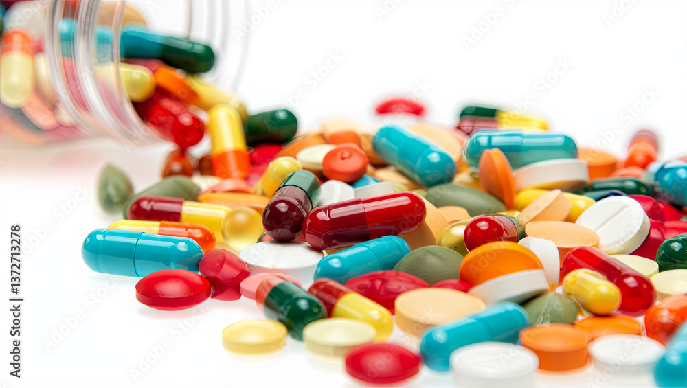 Poster an assortment of pills and capsules in different colors and shapes is scattered across a white backg