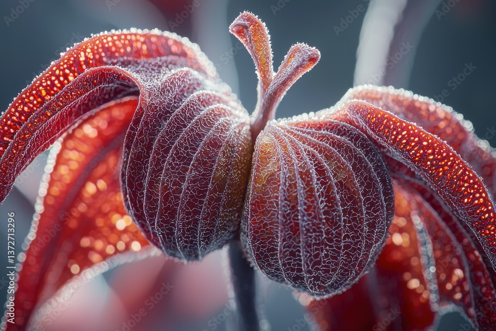 Poster an exotic red flower showcasing intricate patterns and delicate textures, highlighted by soft lighti