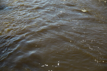 Turbulent Brown River Water Surface Close-Up with Ripple and Foam Textures